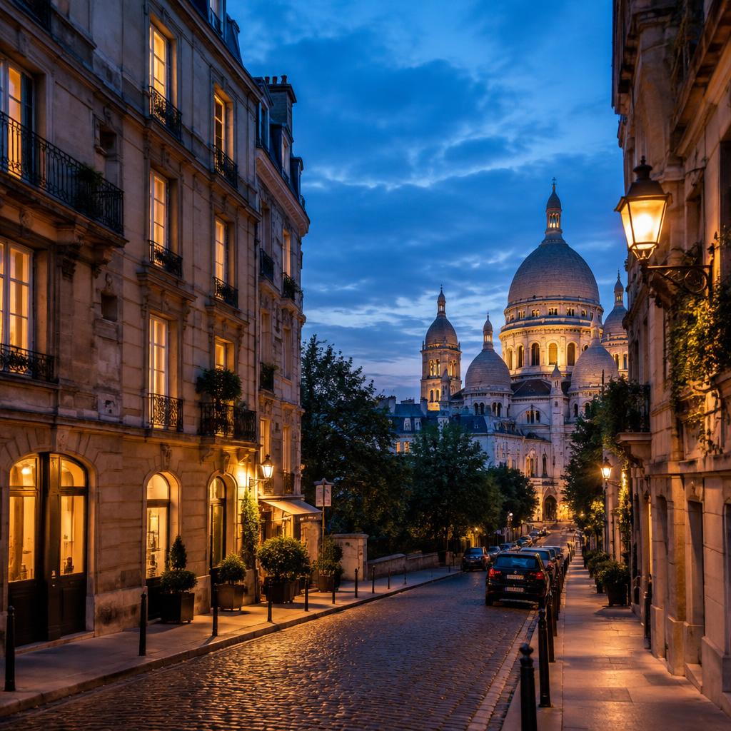 Historic European city street lit at dusk