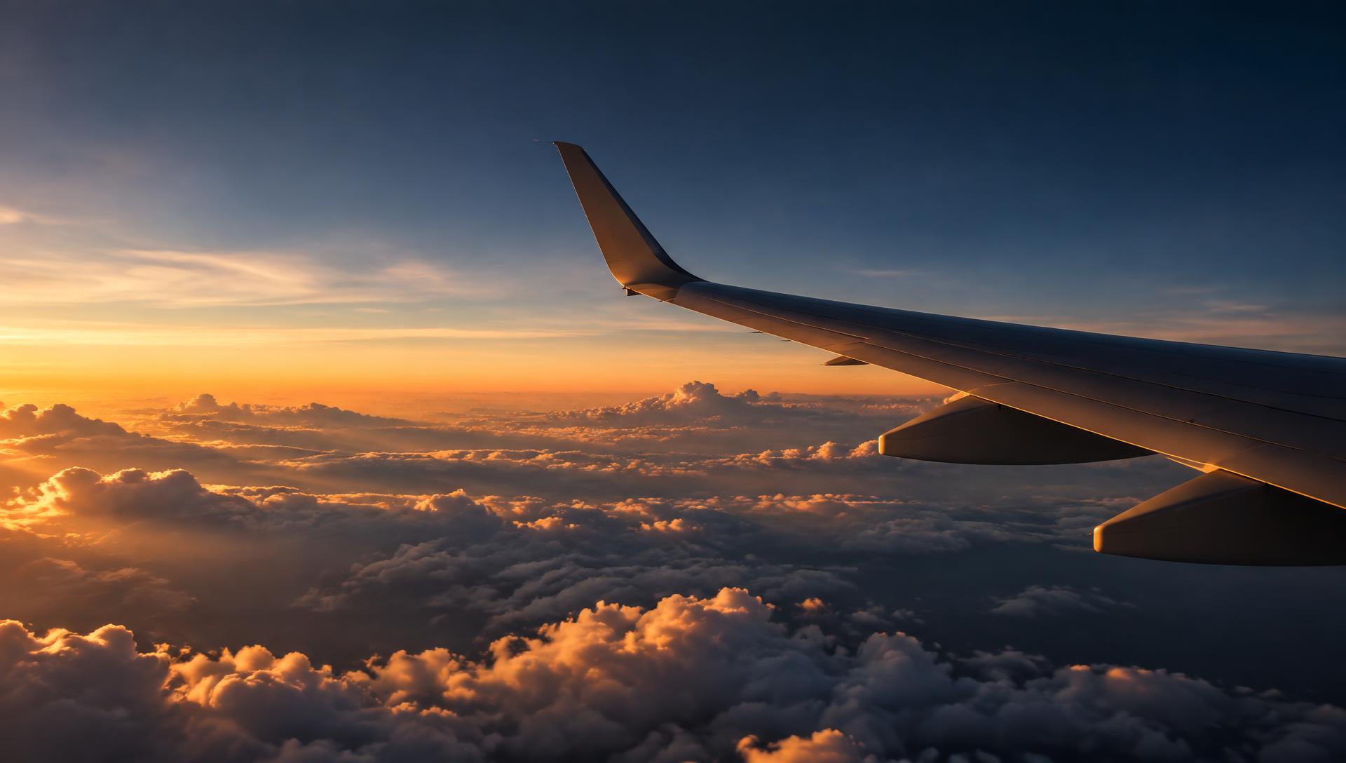 View of an airplane wing above clouds at sunset